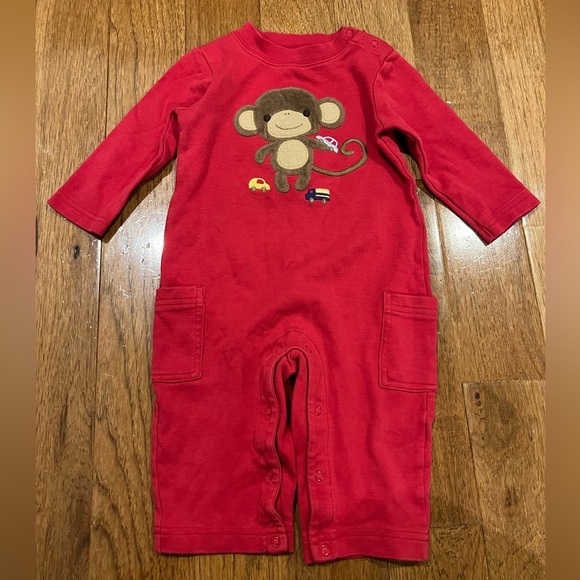 Gymboree Other - Gymboree Red Appliqué Monkey Graphic Long Sleeve Jumpsuit Romper 6-12 months